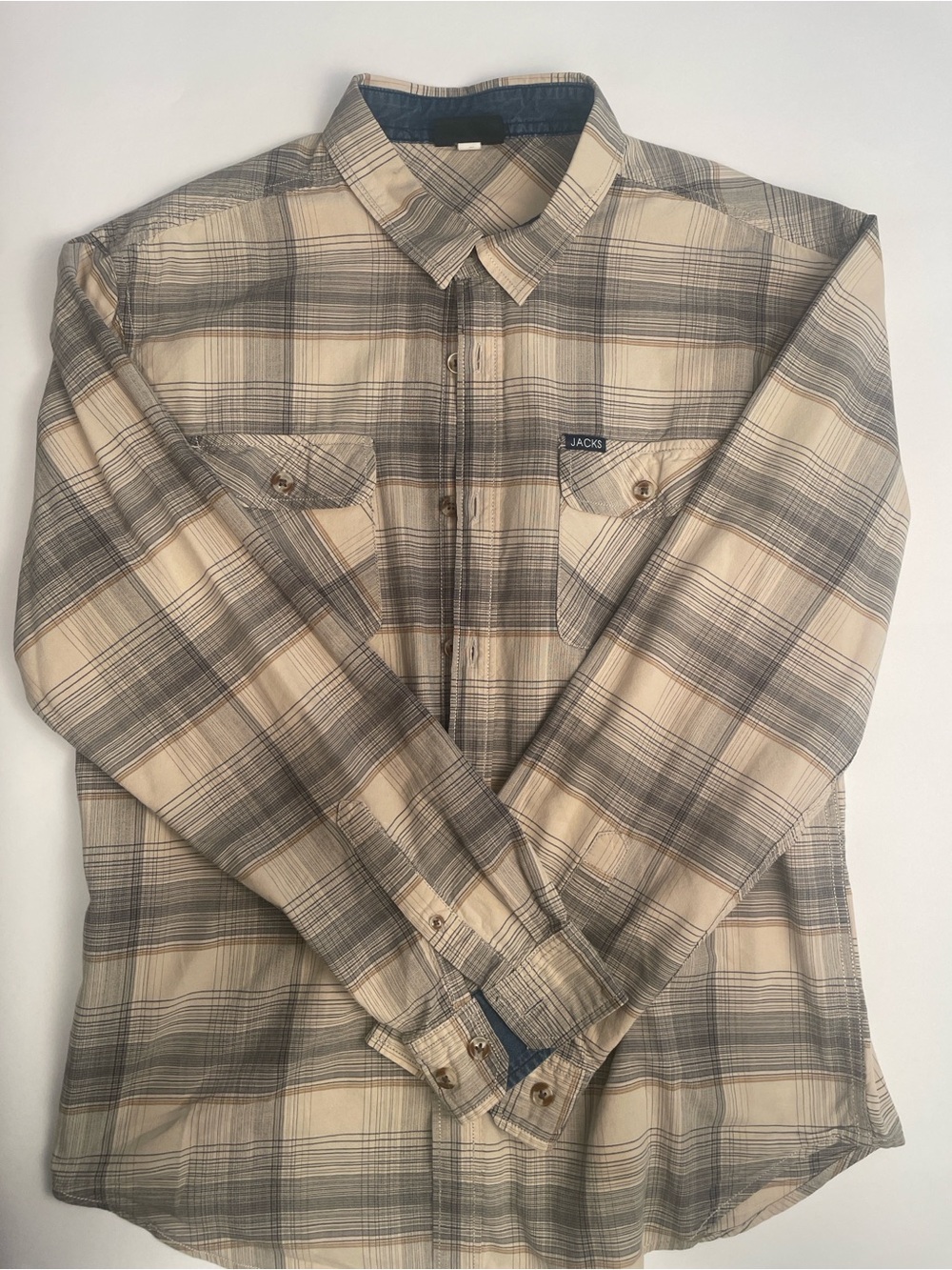 Jack’s Surfboard’s  Cream Plaid Shirt  with Blue Trim.